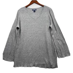 Lands' End Women's Gray Ribbed Classic V-Neck Sweater Size L (14-16)